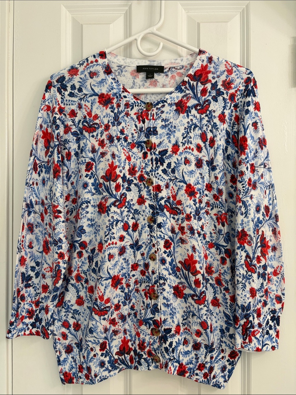 Ann Taylor Cotton White Cardigan with Red & Blue Floral Print